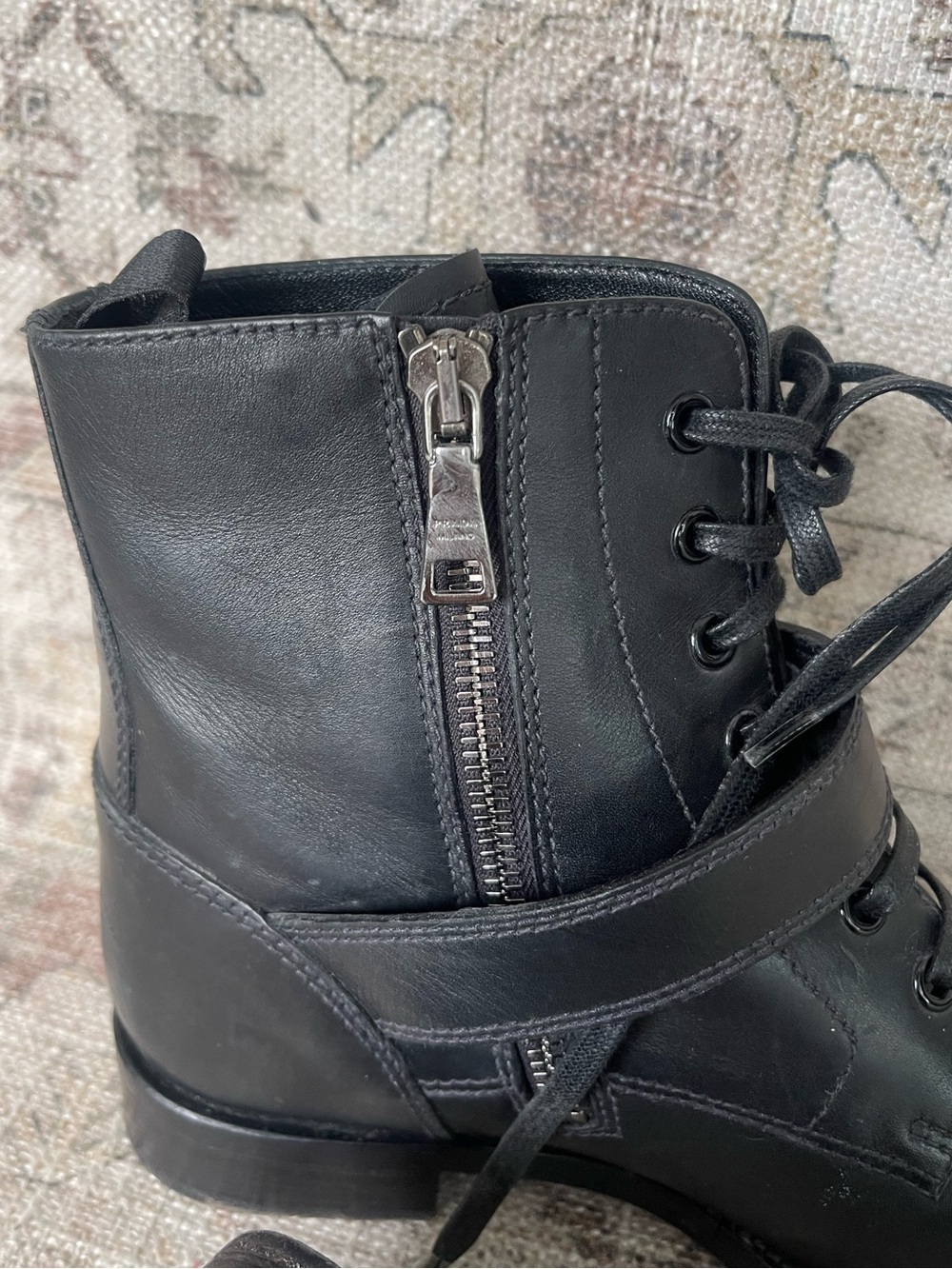 Prada Monk Strap Black Leather Lace-Up Combat Ankle Boots with Buckle - Picture 5 of 10
